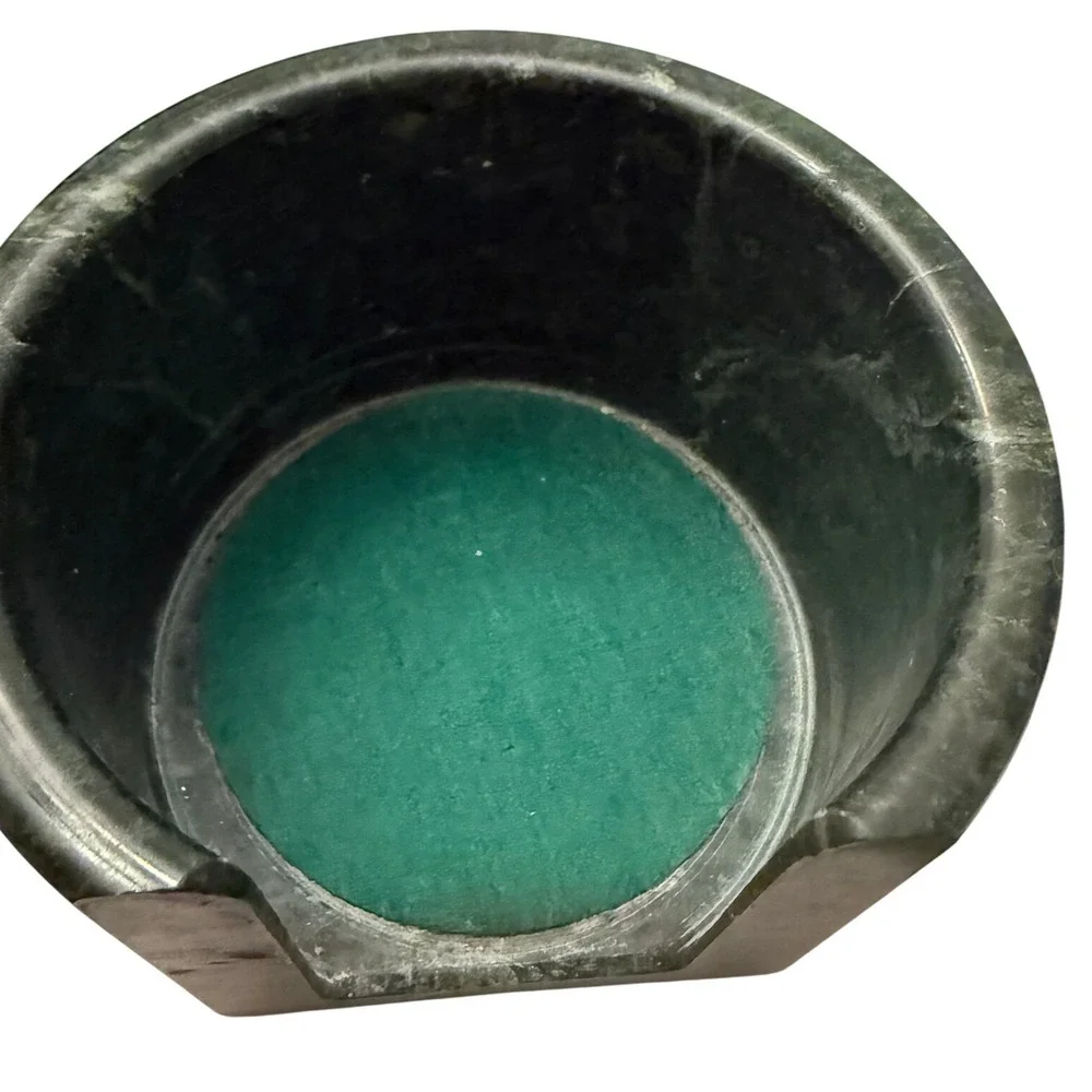 Vintage Dark Green Marble Coaster Set with Cork Inlays and Matching Holder 6pc